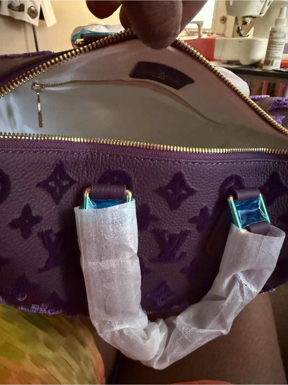 Purple Velvet Tote Bag with Gold-Tone Hardware - Women Bags